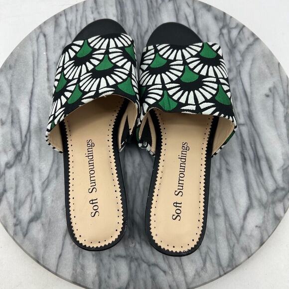 Soft Surroundings Womens 8 Slides Green Black Floral Open Toe Low Block Heel - Picture 6 of 12